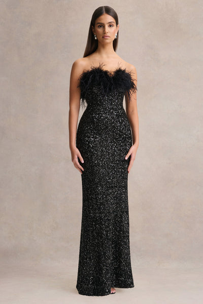 Daze Black Sequin Bandeau Maxi Dress With Feather-Trim – Club L