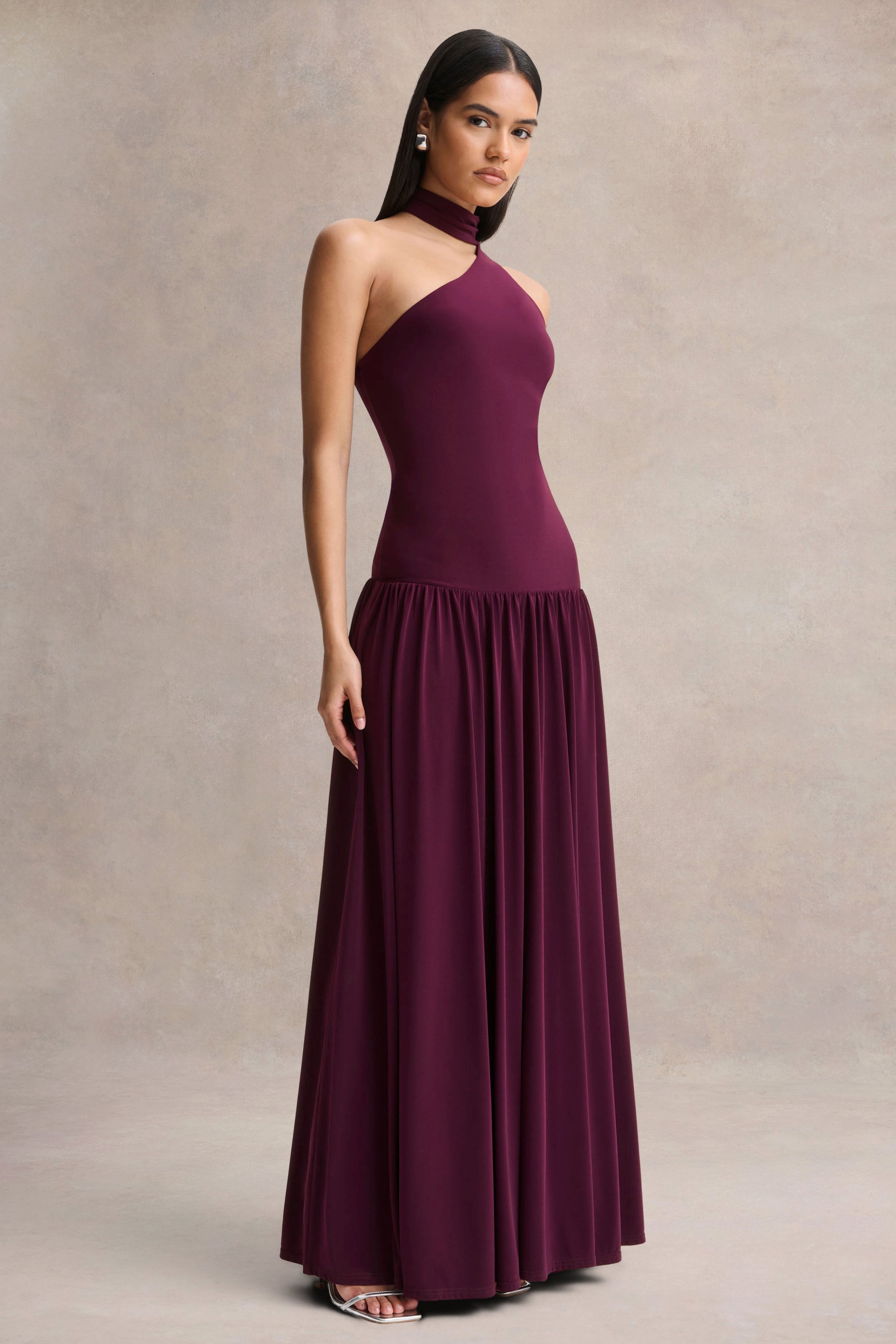 Freesia | Plum Asymmetric-Neck Maxi Dress With Scarf-Detail – Club