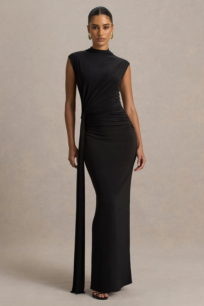 Solene Black High-Neck Maxi Dress With Wrap And Drape Detail Club L London - USA Solene Black High-Neck Maxi Dress With Wrap And Drape Detail Club L London - USA