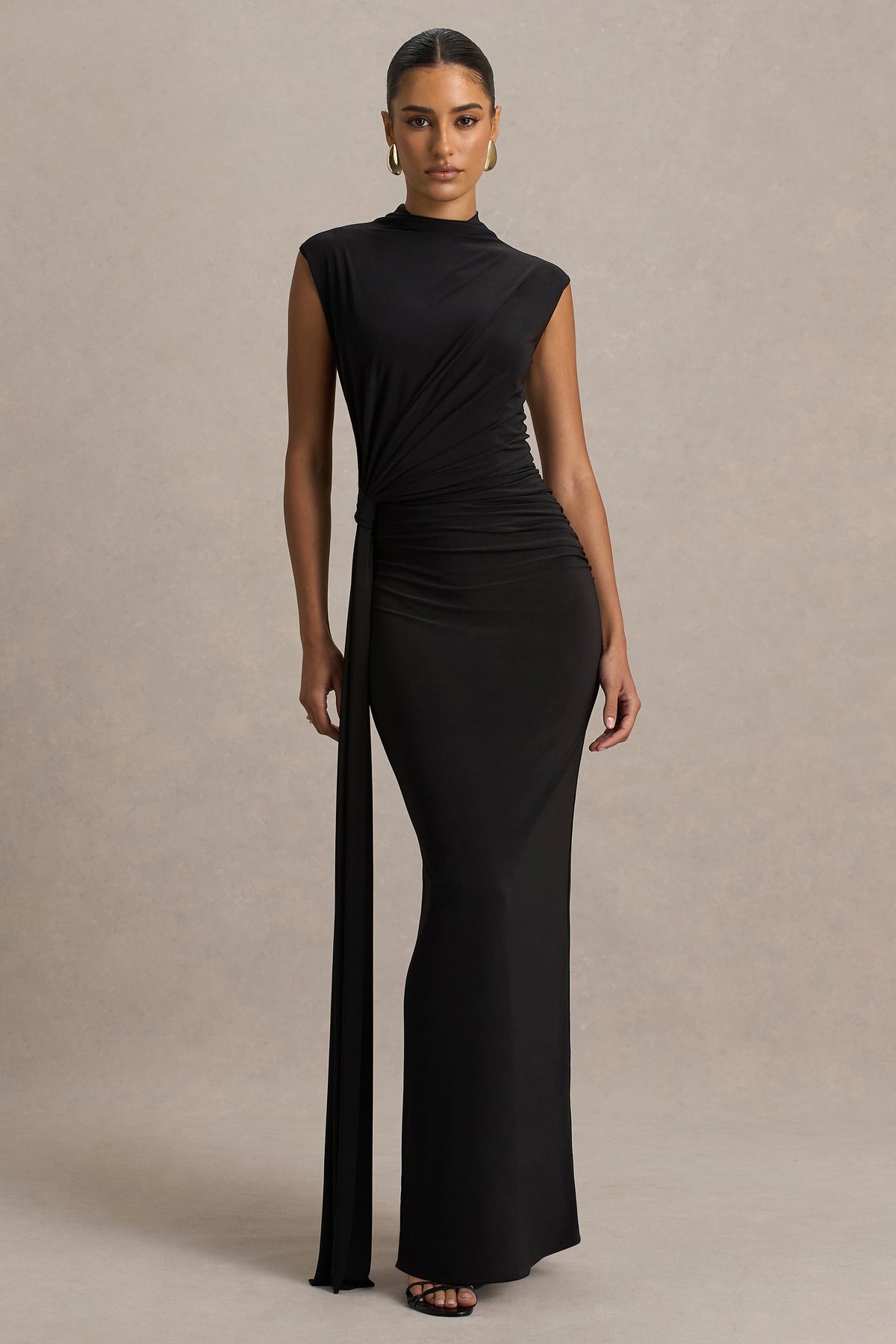 Solene Black High-Neck Maxi Dress With Wrap And Drape Detail Club L London - USA Solene Black High-Neck Maxi Dress With Wrap And Drape Detail Club L London - USA