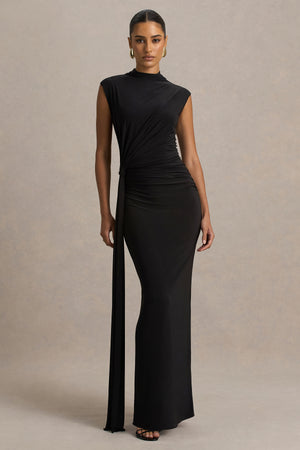 club l london black maxi dress Solene | Black High-Neck Maxi Dress With Wrap And Drape Detail