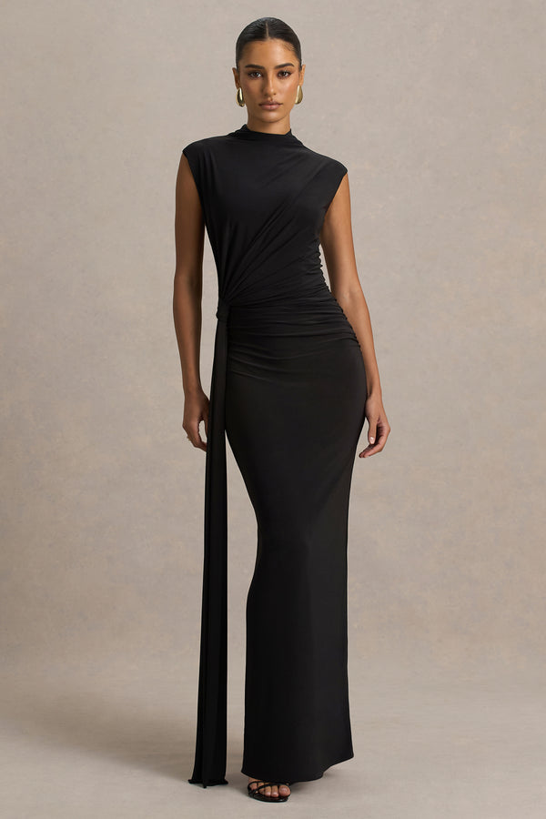 Solene | Black High-Neck Maxi Dress With Wrap And Drape Detail - UK 6 Black Solene | Black High-Neck Maxi Dress With Wrap And Drape Detail - UK 6 Black