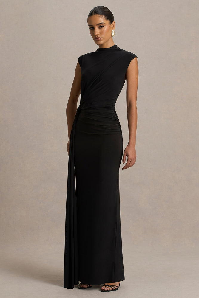 club london black maxi dress Solene | Black High-Neck Maxi Dress With Wrap And Drape Detail
