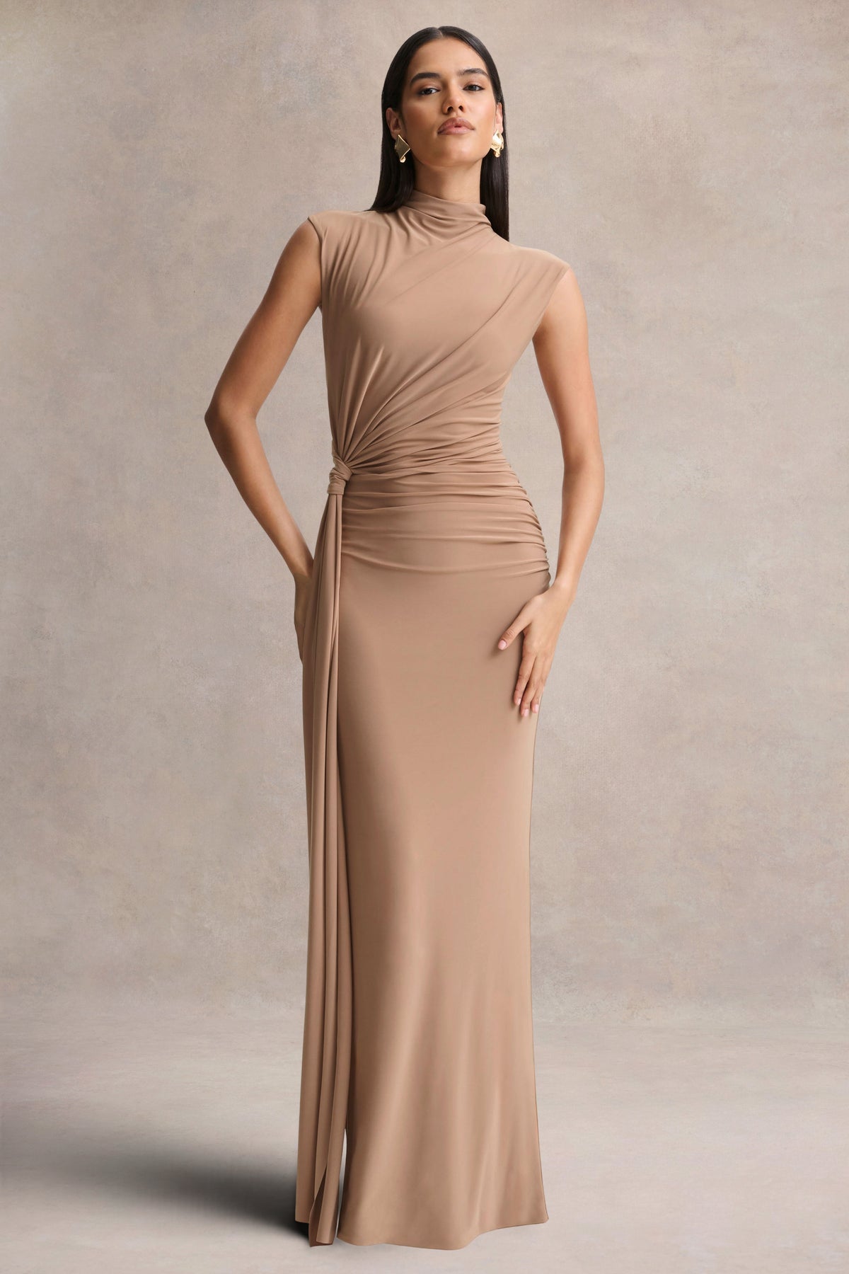 Solene | Brown High-Neck Maxi Dress With Wrap And Drape Detail - UK 12 RAW UMBER Solene | Brown High-Neck Maxi Dress With Wrap And Drape Detail - UK 12 RAW UMBER