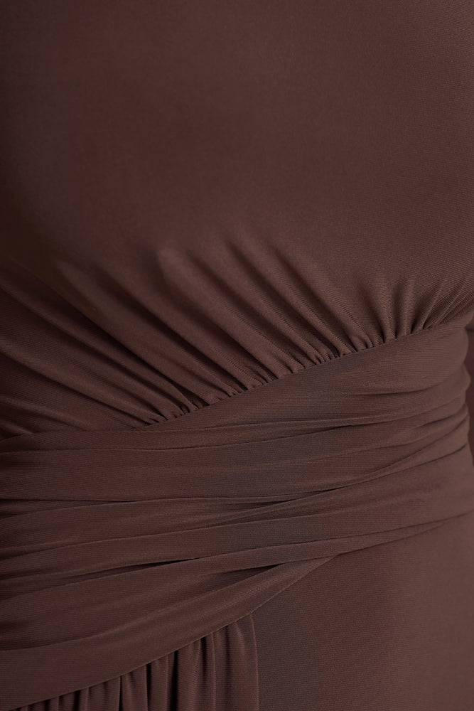 Virelle Brown Boat-Neck Maxi Dress With Wrap Detail And Sash – Club L  London