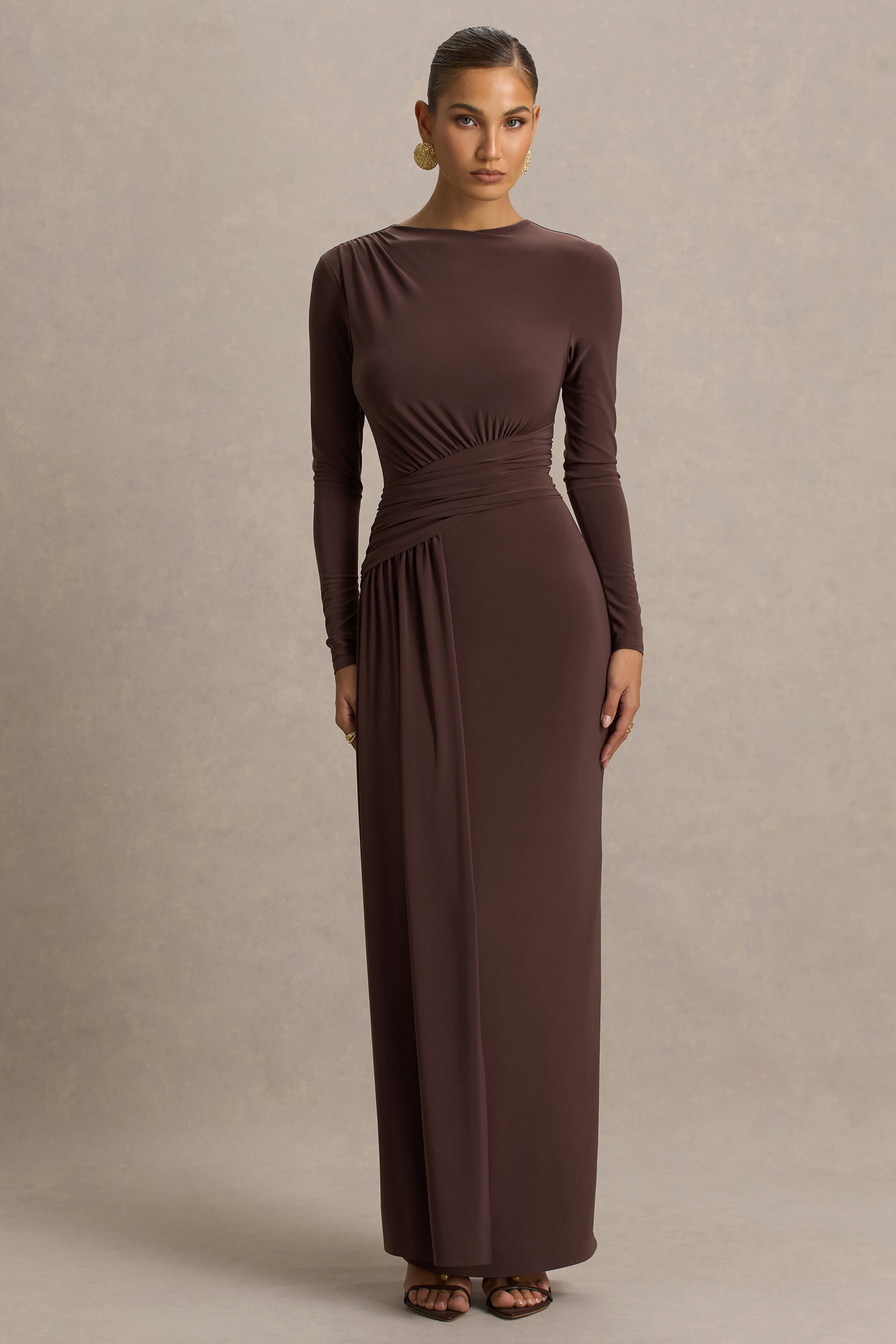 brown wrap maxi dress Virelle | Brown Boat-Neck Maxi Dress With Wrap Detail And Sash Club L London