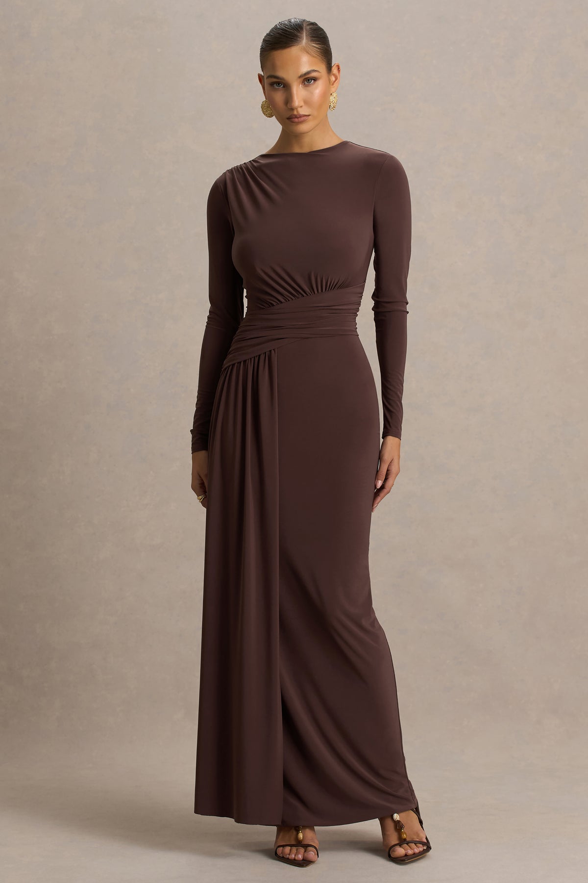 boatneck formal dress Virelle Brown Boat-Neck Maxi Dress With Wrap Detail And Sash – Club L London