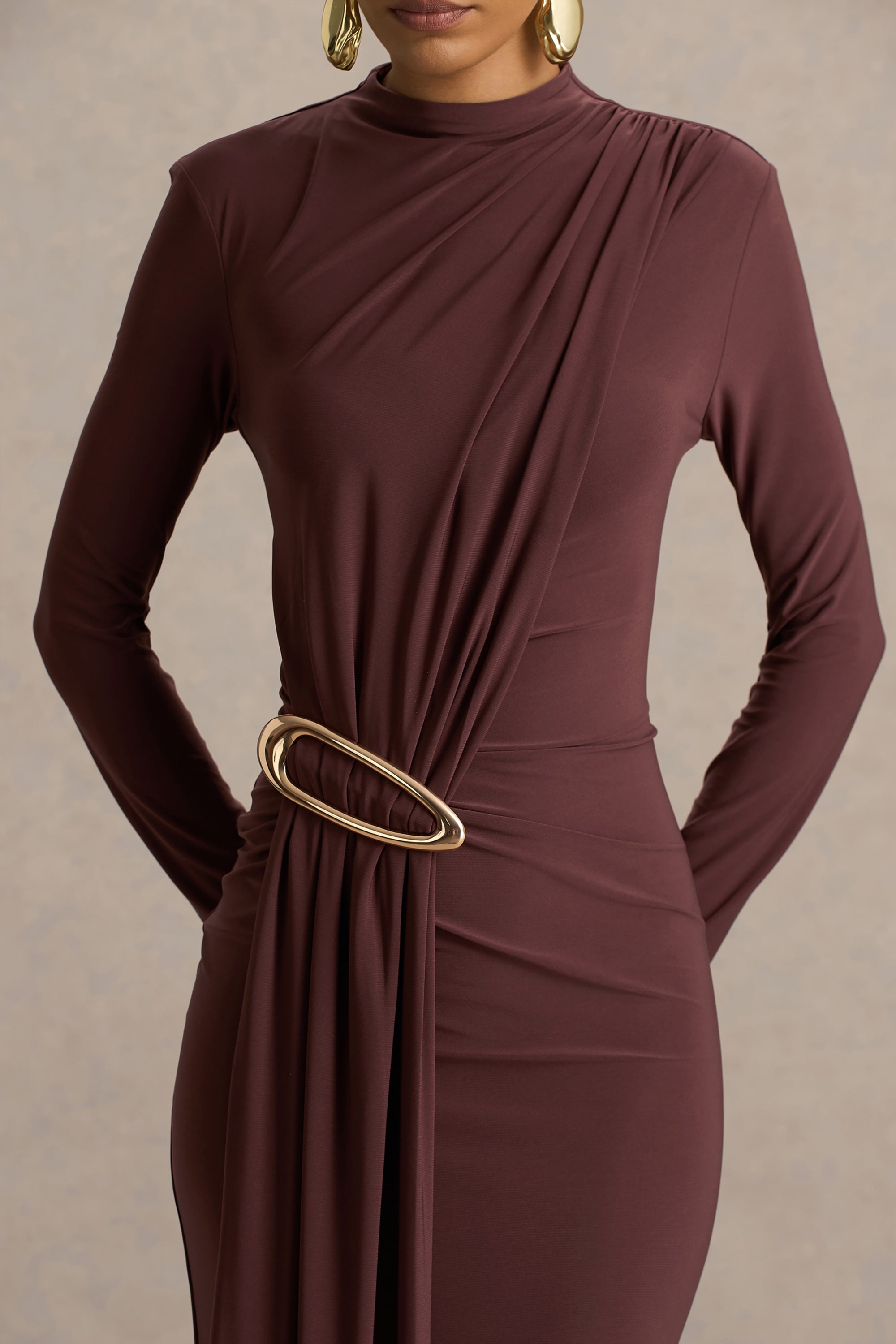 brown high neck maxi dress Dark Brown Maxi Dress - Mock Neck Maxi Dress - Mesh Insert Dress