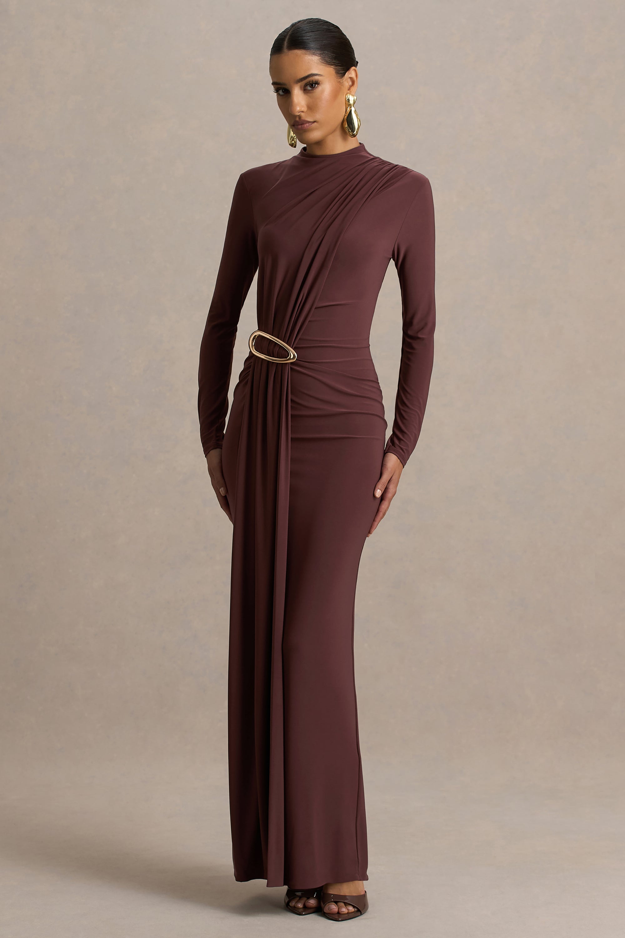 high neck brown midi dress Smocked High-Neck Midi Dress