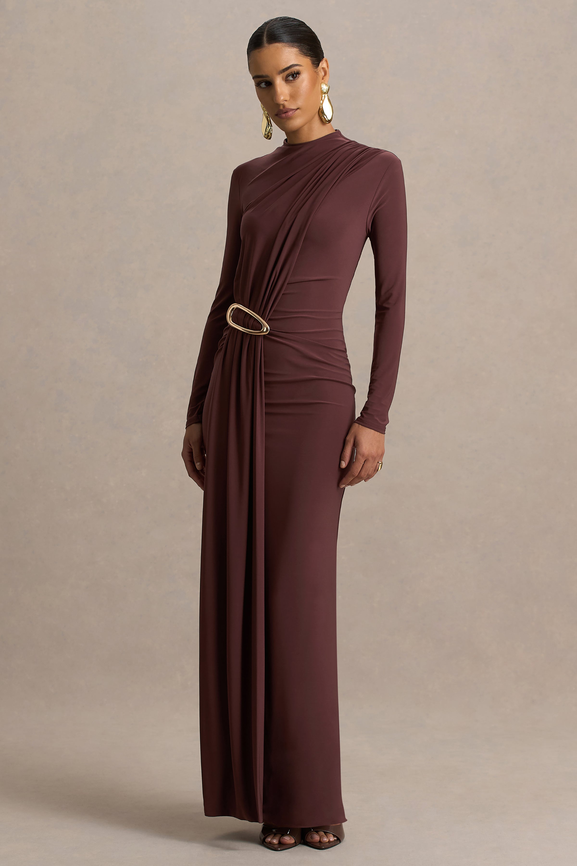 Zadie | Brown High-Neck Maxi Dress With Gathered-Detail – Club L