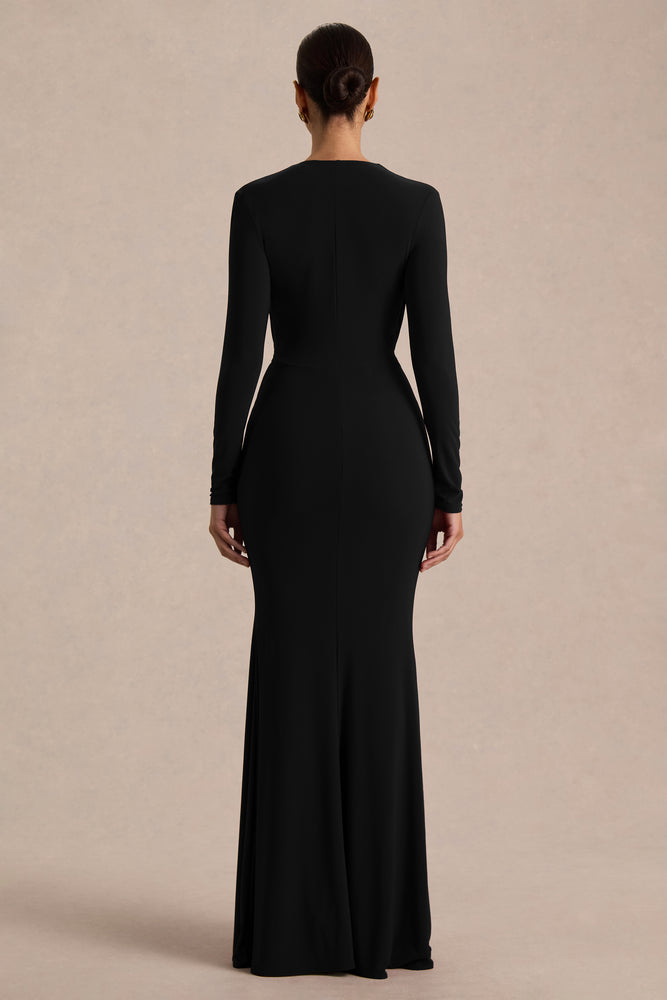 Command Black Plunge-Neck Maxi Dress With Front-High Split – Club