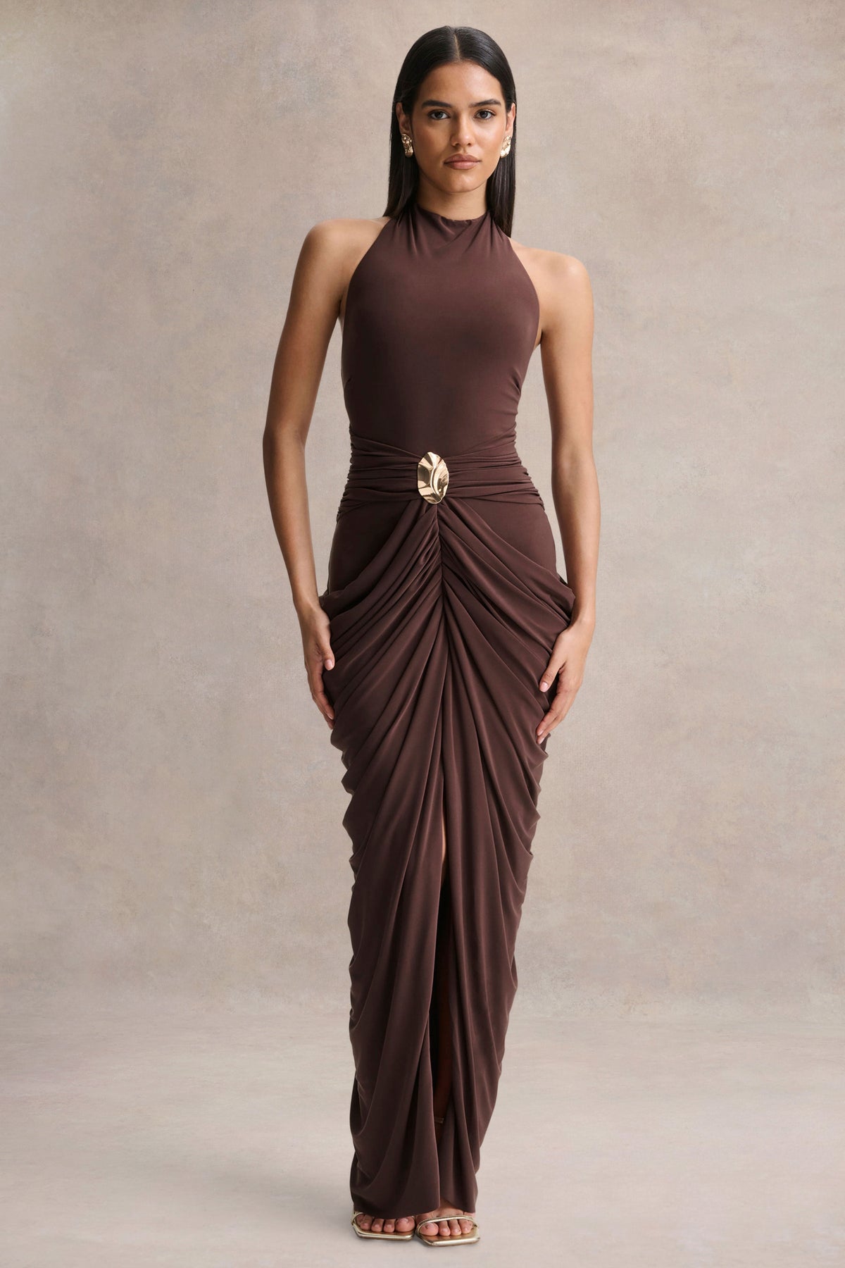 Horizon | Brown High-Neck Maxi Dress With Draped Detailing