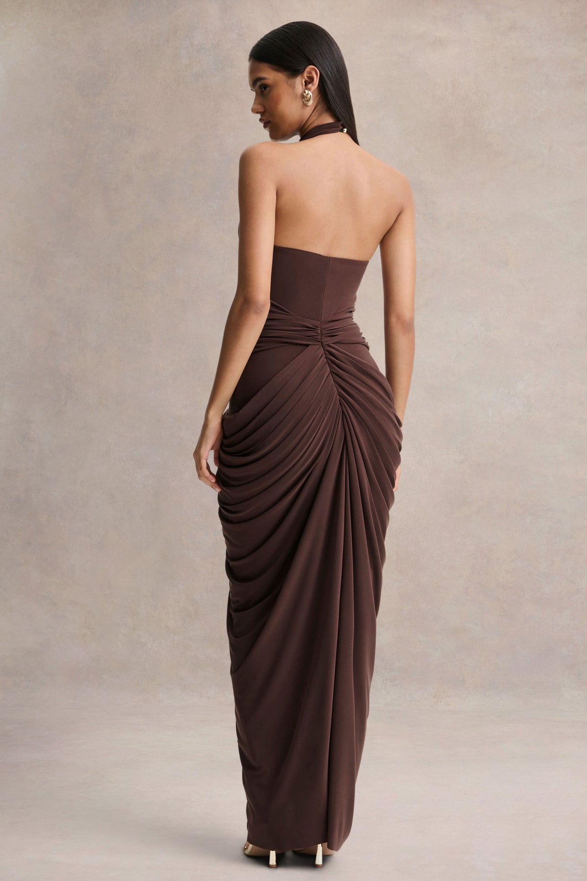 Horizon | Brown High-Neck Maxi Dress With Draped Detailing