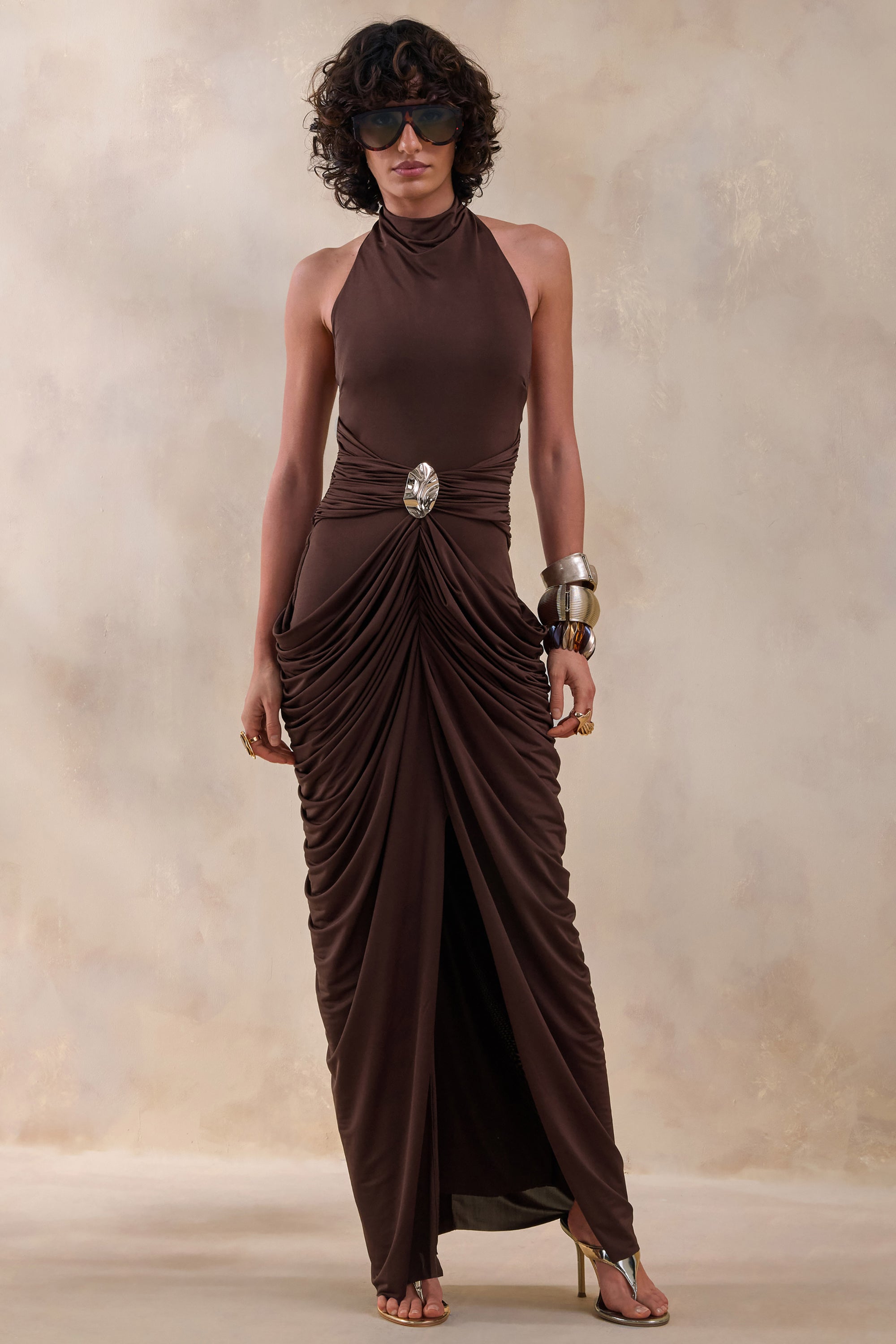 brown draped maxi dress Dark Brown Draped Neckline Satin Maxi Dress shopaleena