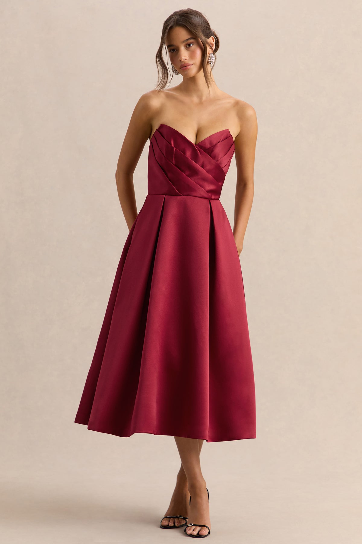 Promises Red Satin Bandeau-Neck Midi Dress Club L London - USA Promises Red Satin Bandeau-Neck Midi Dress Club L London - USA