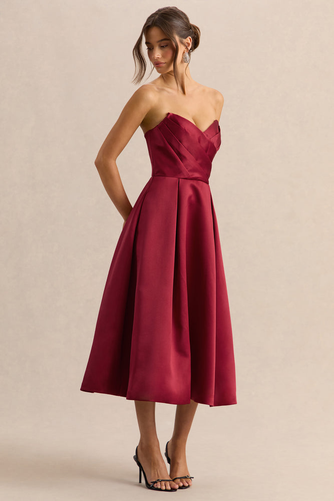 fitted lace wedding dress Promises | Red Satin Bandeau-Neck Midi Dress