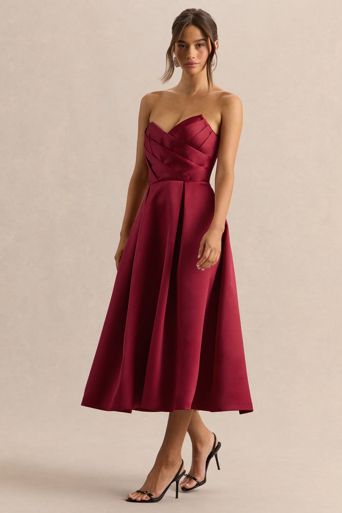 Promises | Red Satin Bandeau-Neck Midi Dress - UK 8 burgundy Promises | Red Satin Bandeau-Neck Midi Dress - UK 8 burgundy
