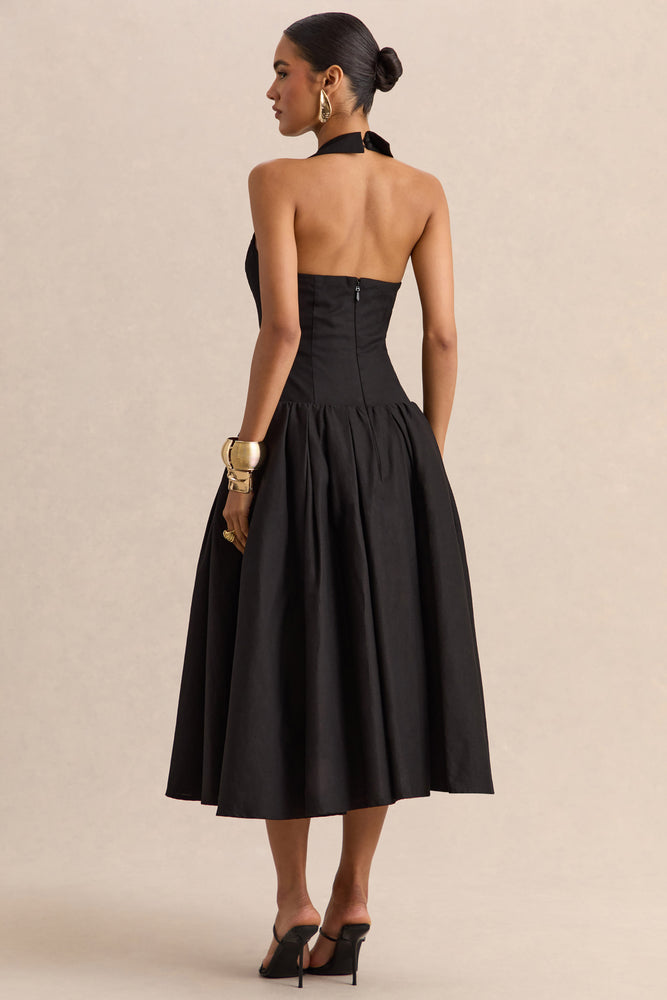 black drop waist midi dress Ella Black Plunge-Neck Midi Dress With Drop-Waist – Club L London