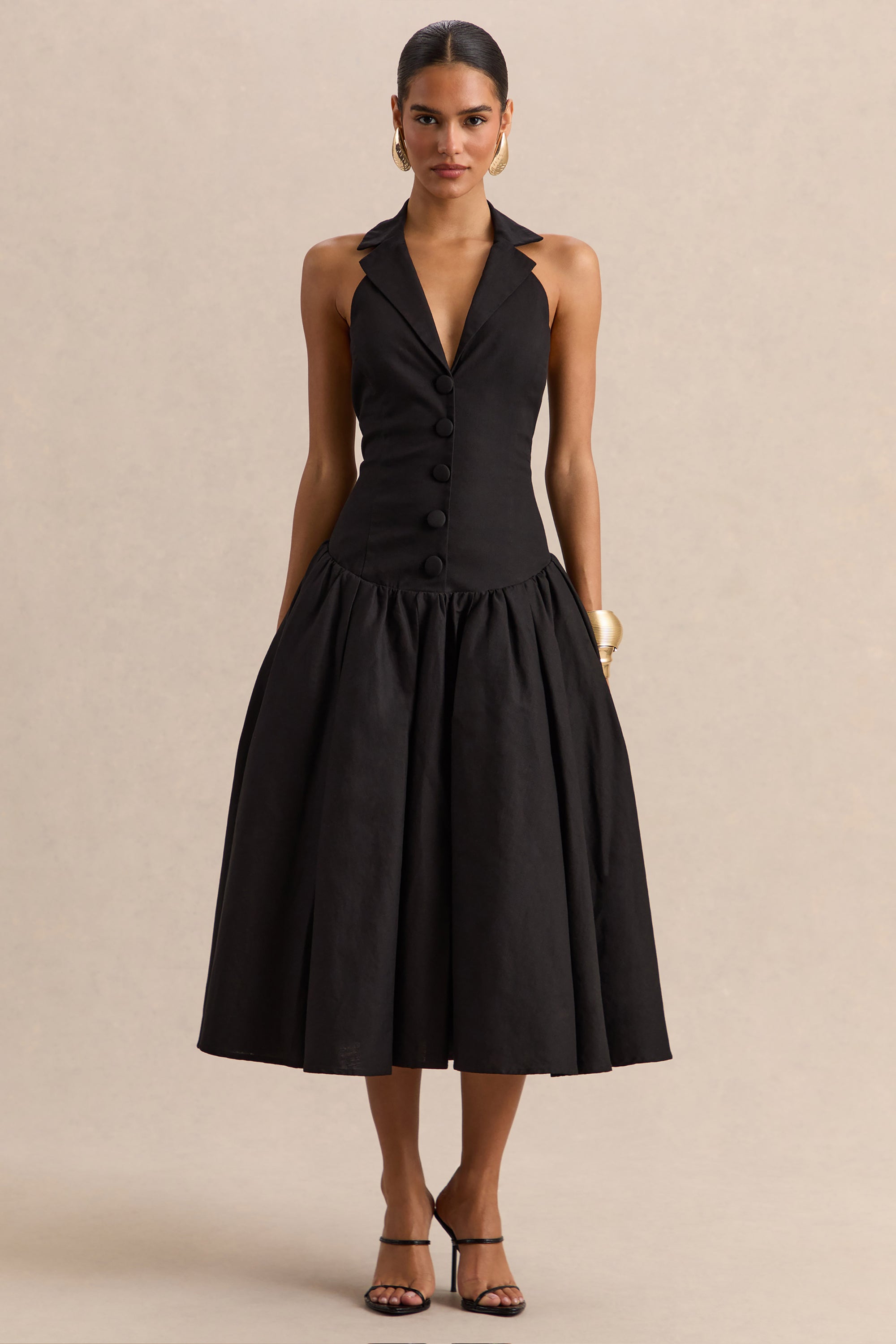 Ella | Black Plunge-Neck Midi Dress With Drop-Waist