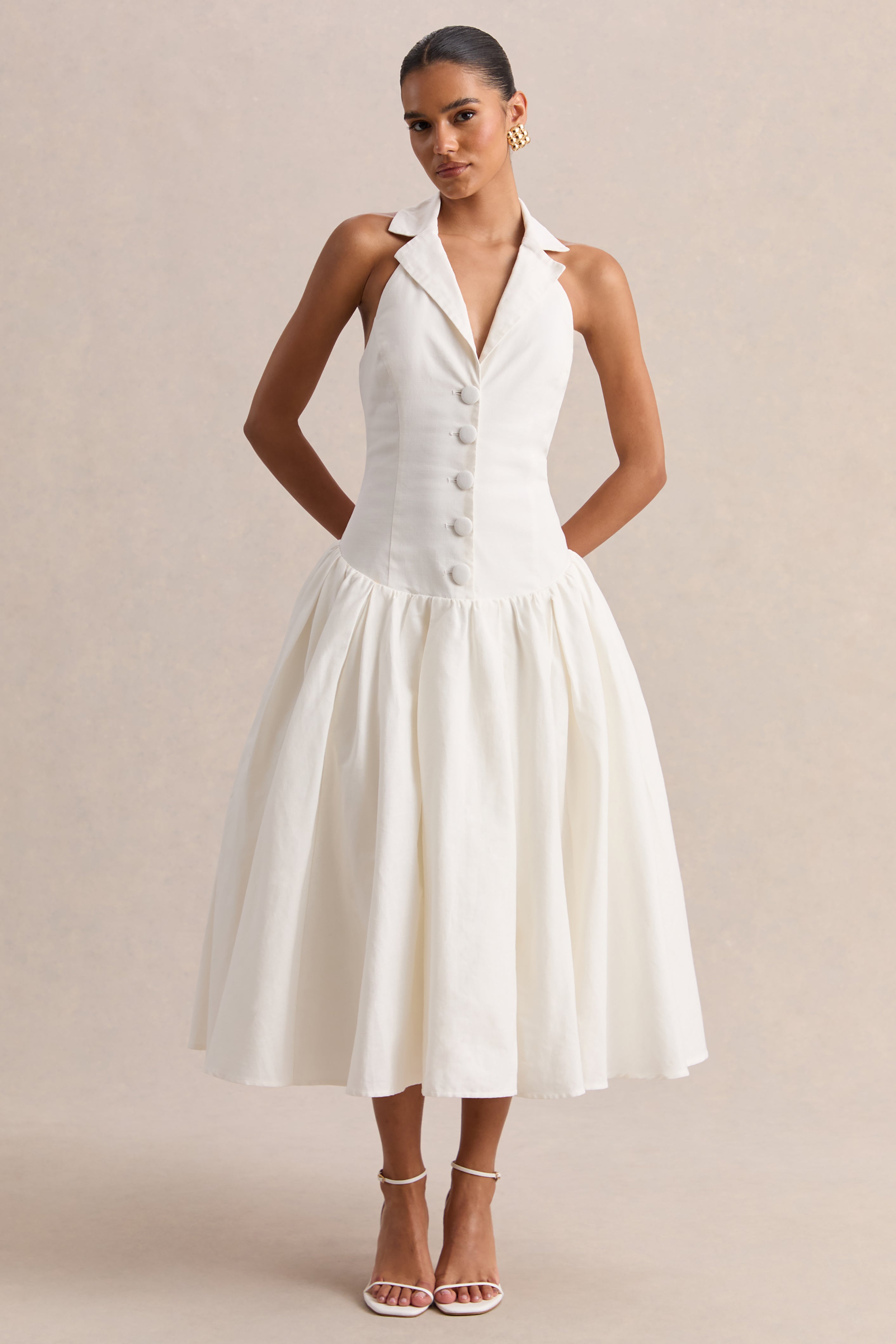 Ella | White Plunge-Neck Midi Dress With Drop-Waist – Club L