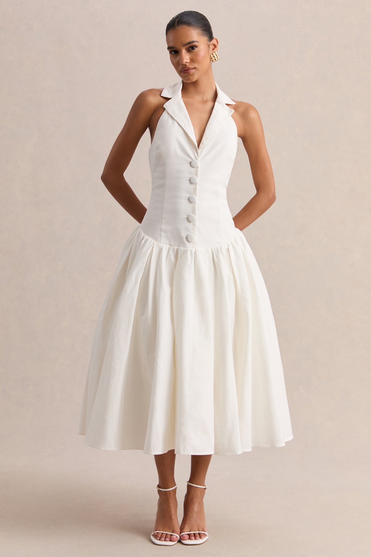 Ella White Plunge-Neck Midi Dress With Drop-Waist Club L London - USA Ella White Plunge-Neck Midi Dress With Drop-Waist Club L London - USA