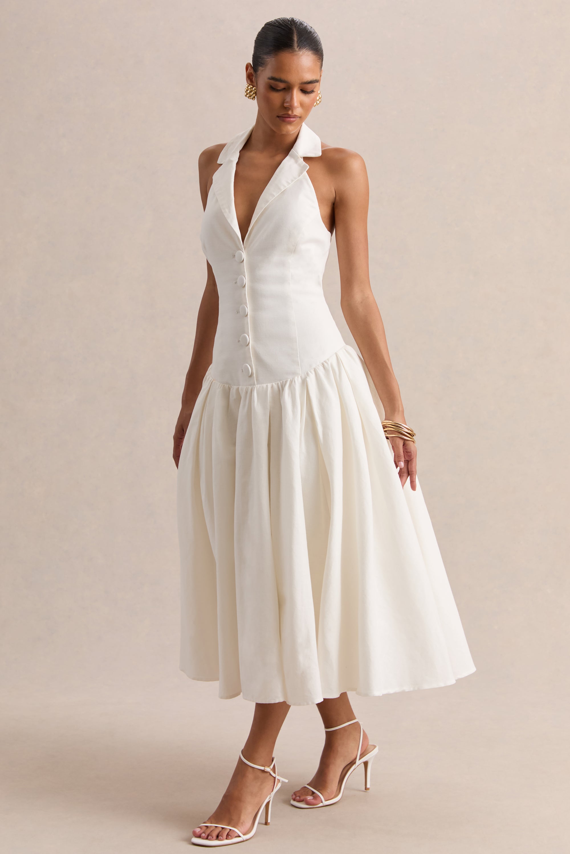 white drop waist midi dress Express Women's Mixed Media Strapless Drop Waist Midi Dress With Pockets in White Small