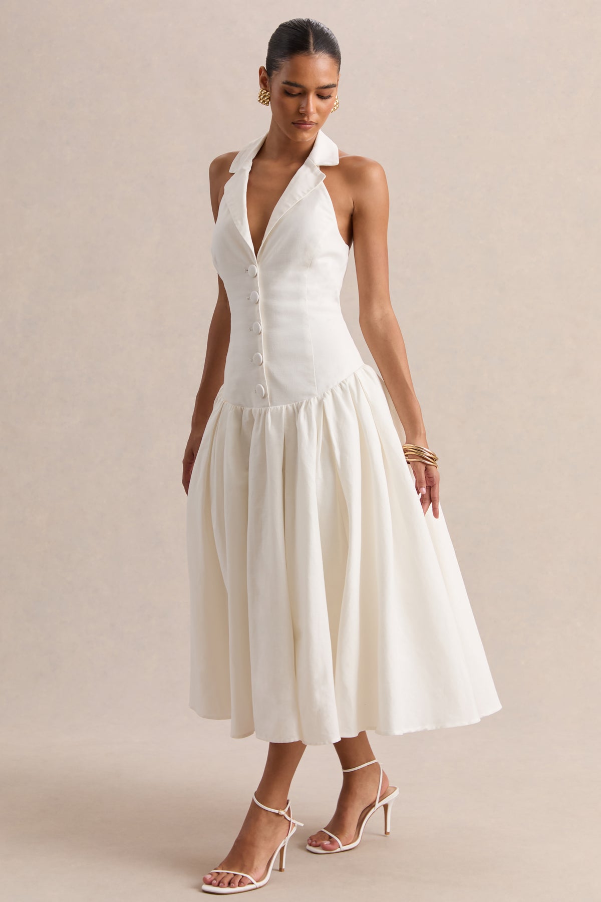dropped waist dress white Ella White Plunge-Neck Midi Dress With Drop-Waist – Club L London
