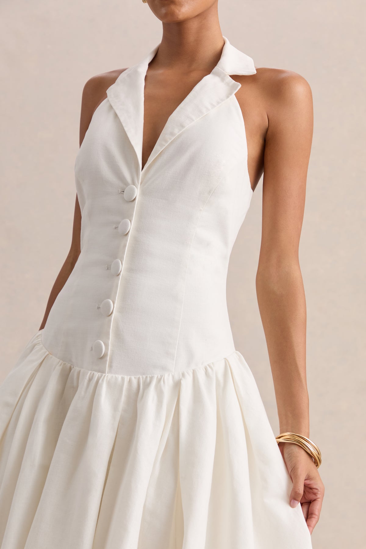 Ella White Plunge-Neck Midi Dress With Drop-Waist Club L London - USA Ella White Plunge-Neck Midi Dress With Drop-Waist Club L London - USA