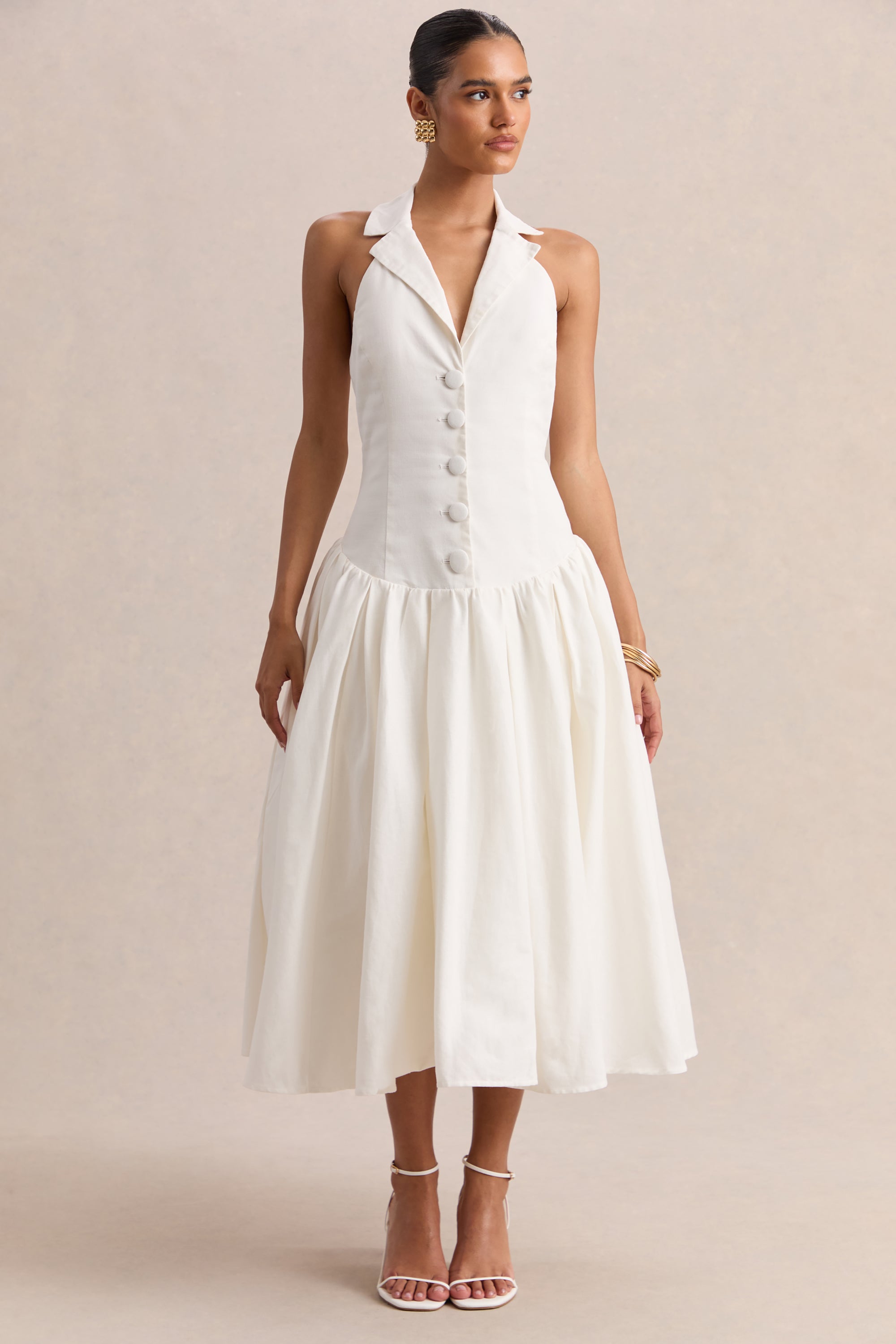 Ella | White Plunge-Neck Midi Dress With Drop-Waist