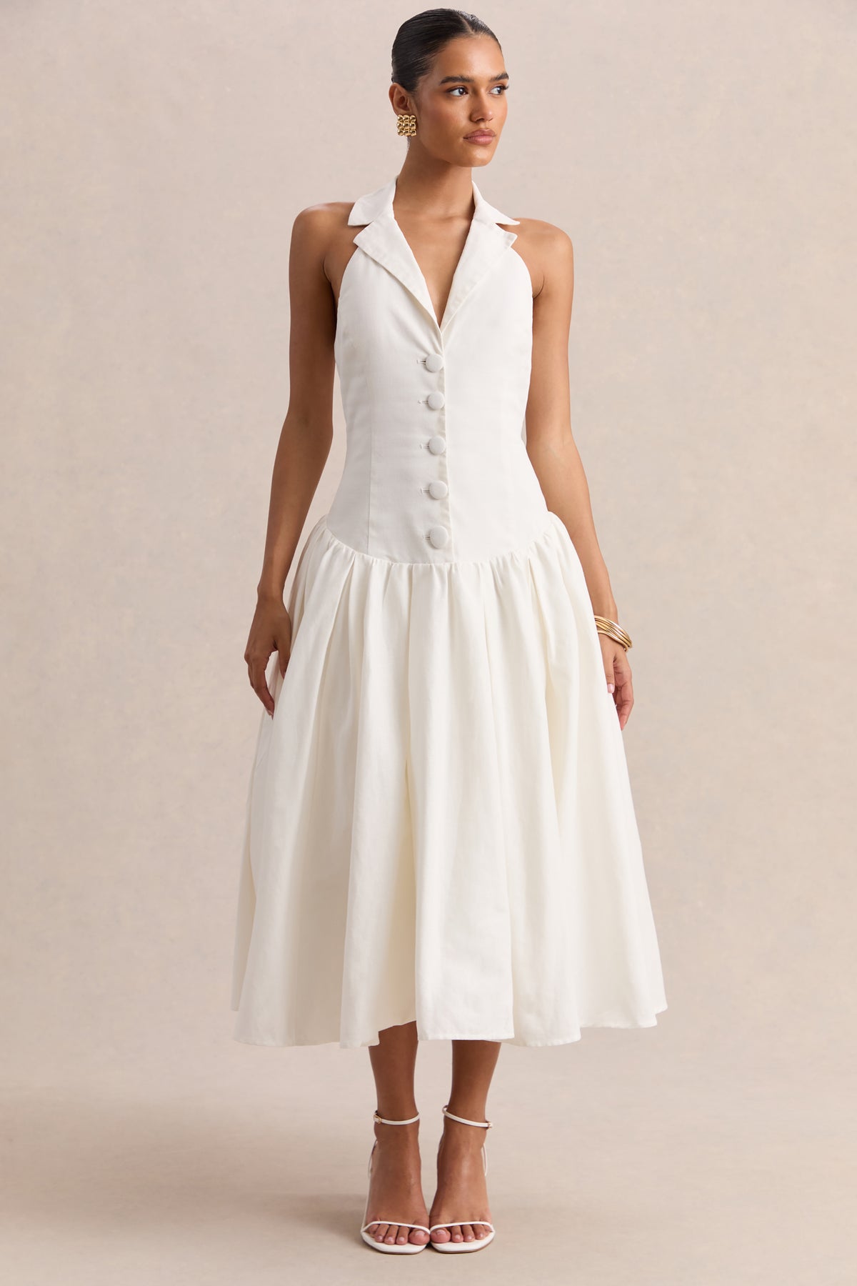 Ella White Plunge-Neck Midi Dress With Drop-Waist Club L London - USA Ella White Plunge-Neck Midi Dress With Drop-Waist Club L London - USA