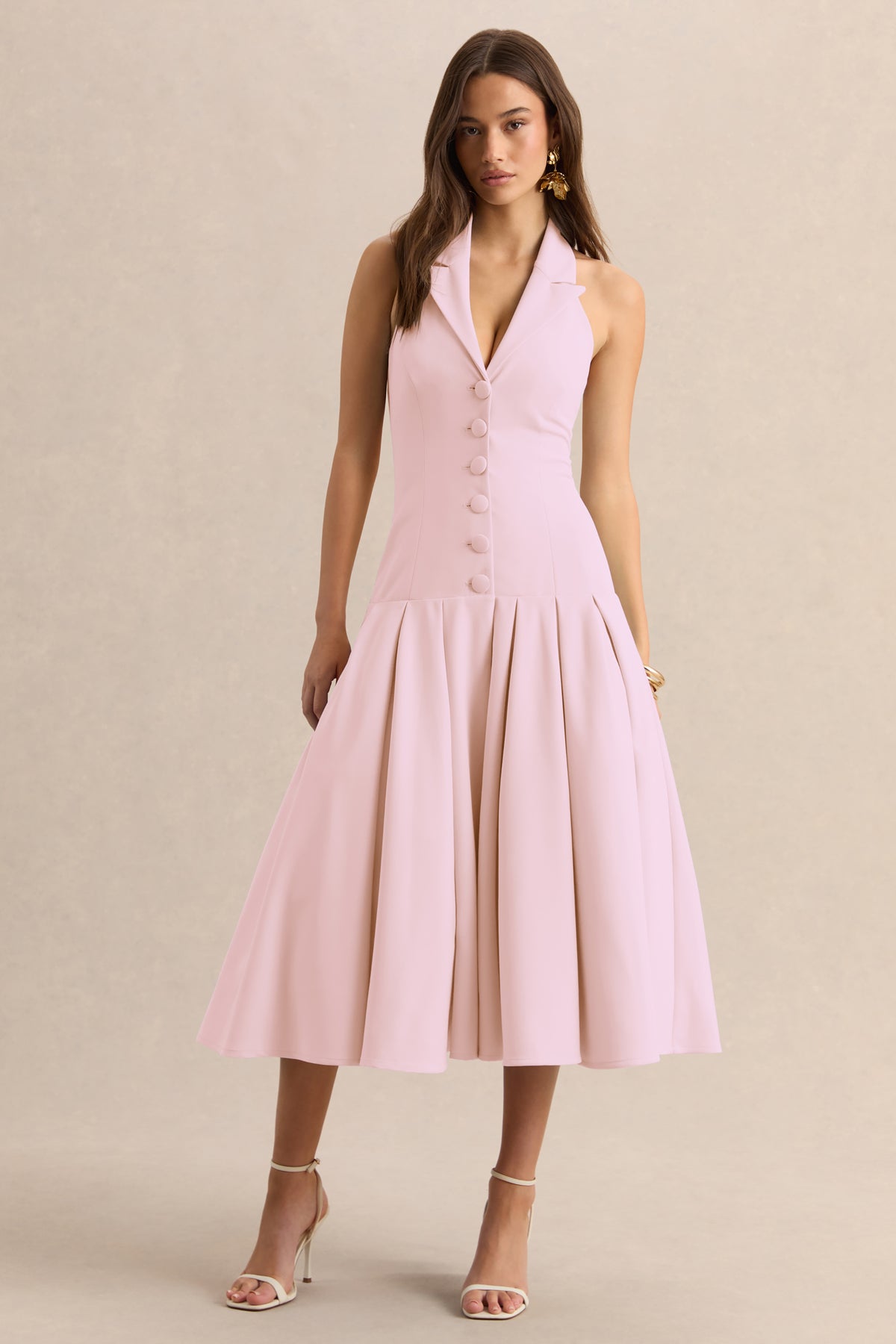 Elise | Light PINK Plunge-Neck Midi Dress With Drop-Waist - UK 14 Light PINK Elise | Light PINK Plunge-Neck Midi Dress With Drop-Waist - UK 14 Light PINK