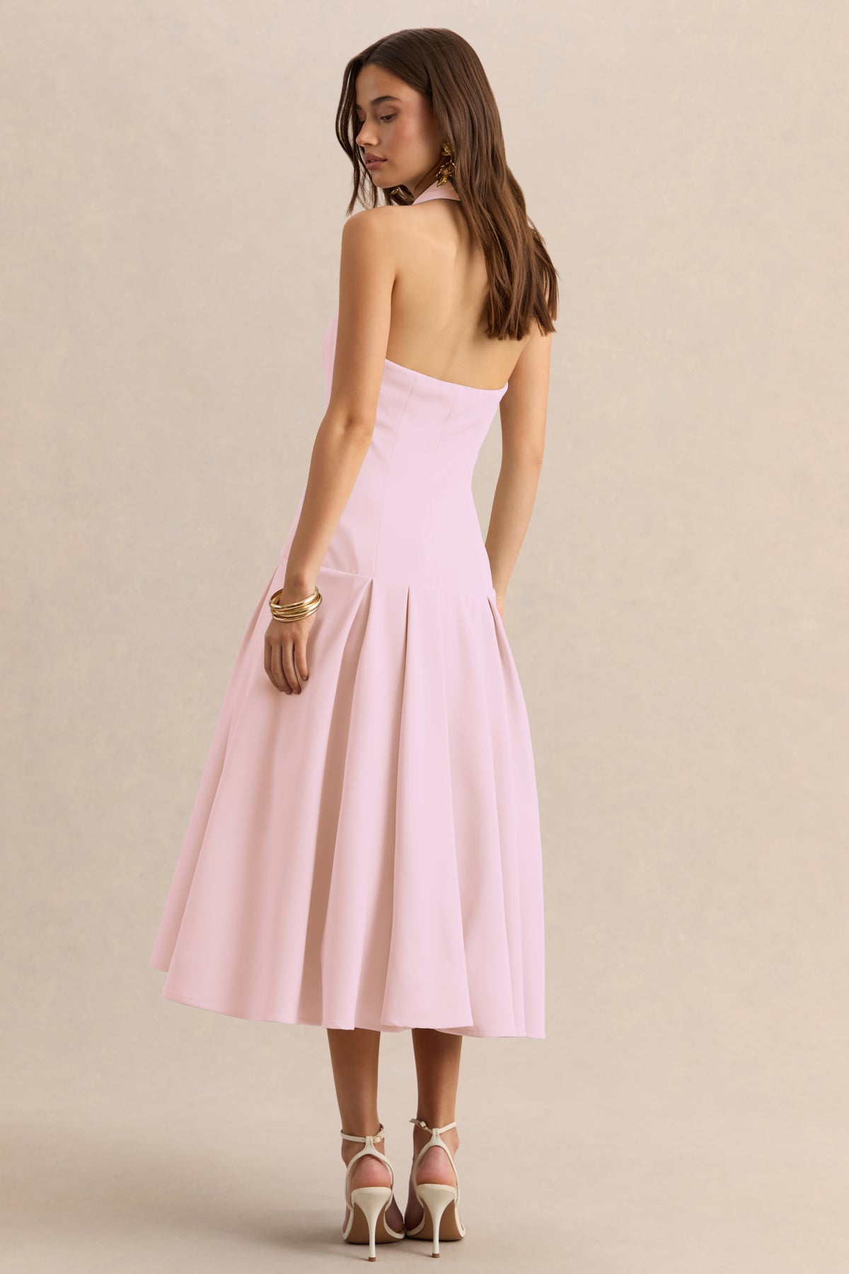 Elise Light Pink Plunge-Neck Midi Dress With Drop-Waist Club L London - USA Elise Light Pink Plunge-Neck Midi Dress With Drop-Waist Club L London - USA