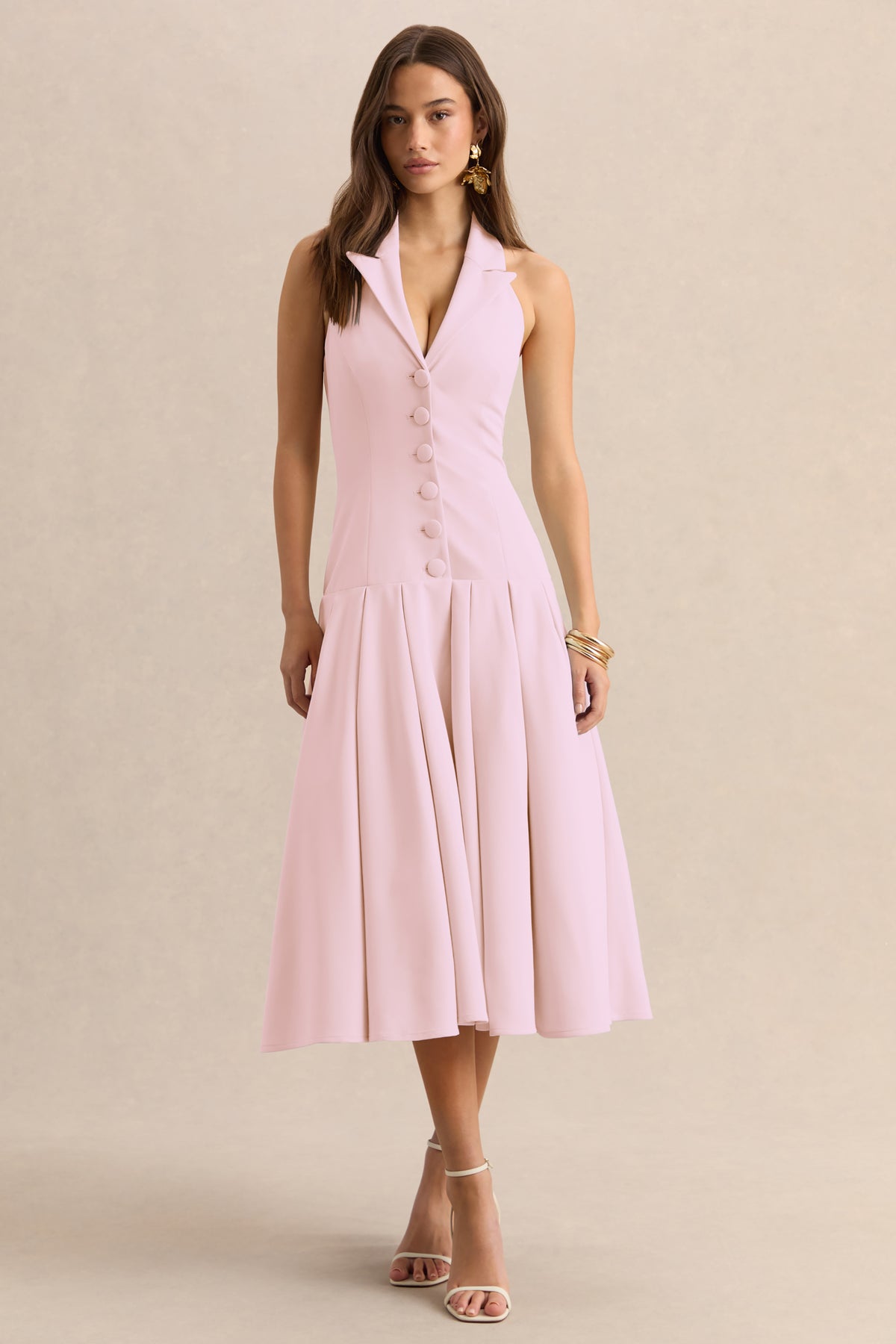 Elise Light Pink Plunge-Neck Midi Dress With Drop-Waist Club L London - USA Elise Light Pink Plunge-Neck Midi Dress With Drop-Waist Club L London - USA