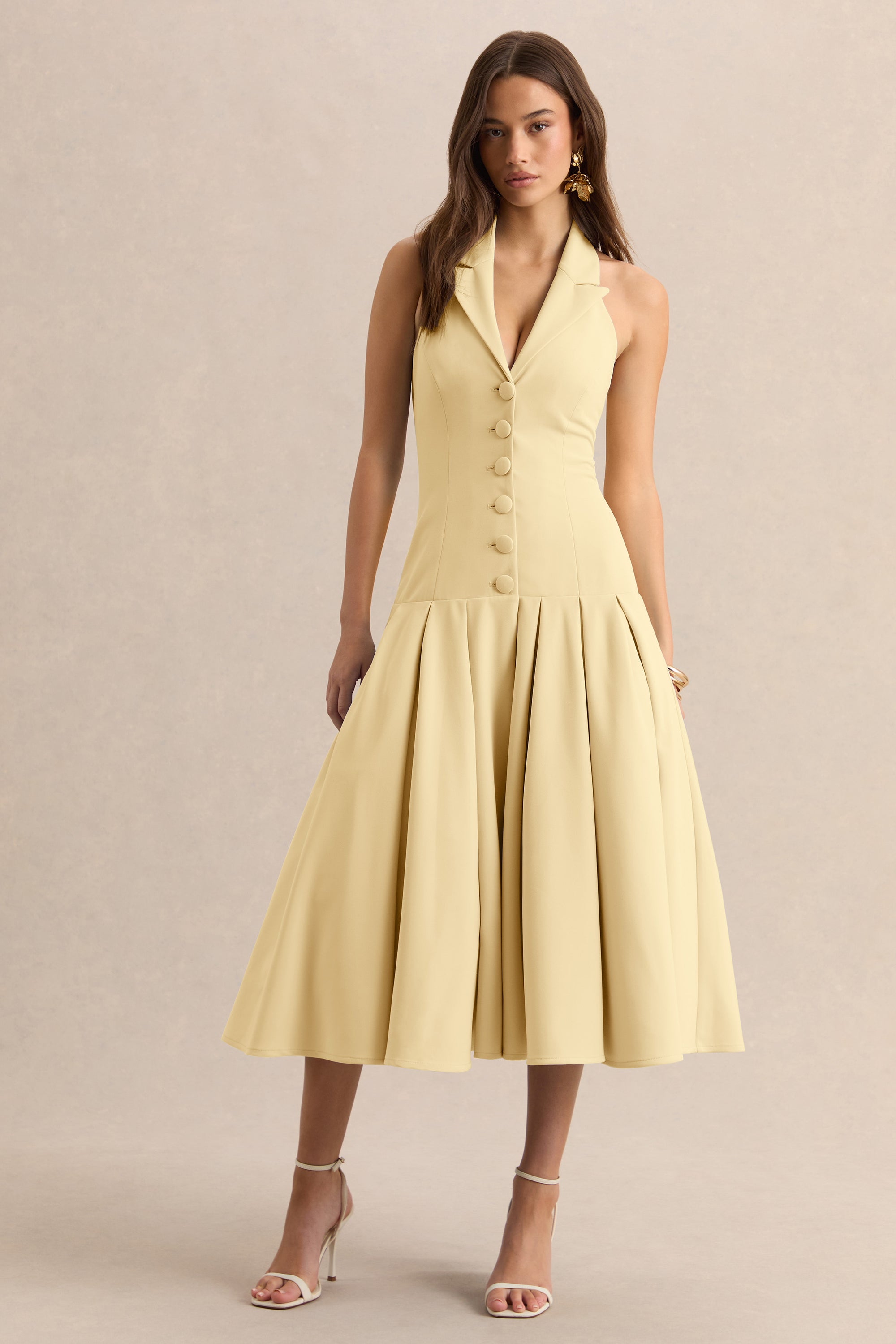 elise midi dress Elise | Lemon Plunge-Neck Midi Dress With Drop-Waist