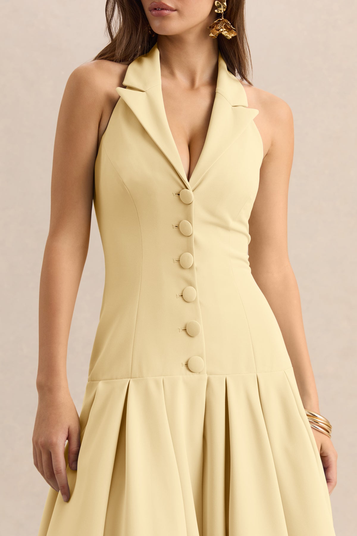 Elise | Lemon Plunge-Neck Midi Dress With Drop-Waist - UK 14 Lemon Elise | Lemon Plunge-Neck Midi Dress With Drop-Waist - UK 14 Lemon