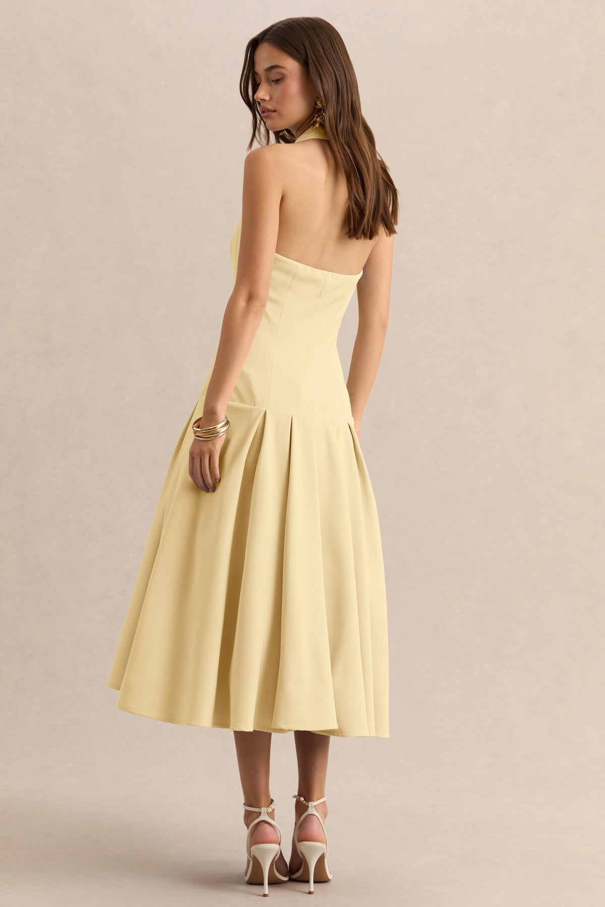 Elise | Lemon Plunge-Neck Midi Dress With Drop-Waist - UK 14 Lemon Elise | Lemon Plunge-Neck Midi Dress With Drop-Waist - UK 14 Lemon