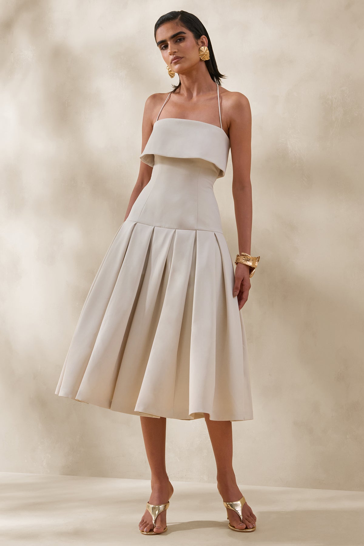 Dazira Cream Square-Neck Midi Dress With Drop-Waist – Club L London