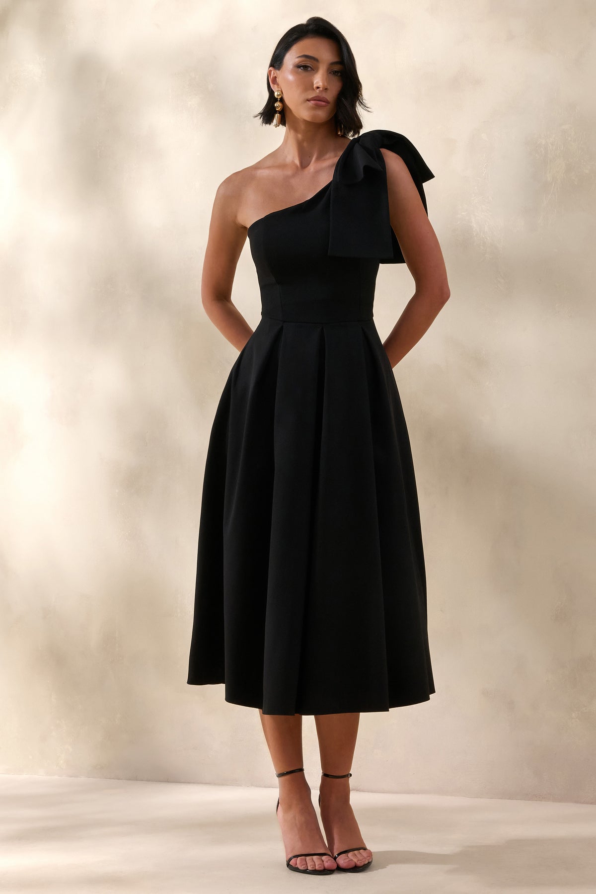 Meria | Black Asymmetric-Neck Midi Dress With Bow-Sleeve Meria | Black Asymmetric-Neck Midi Dress With Bow-Sleeve