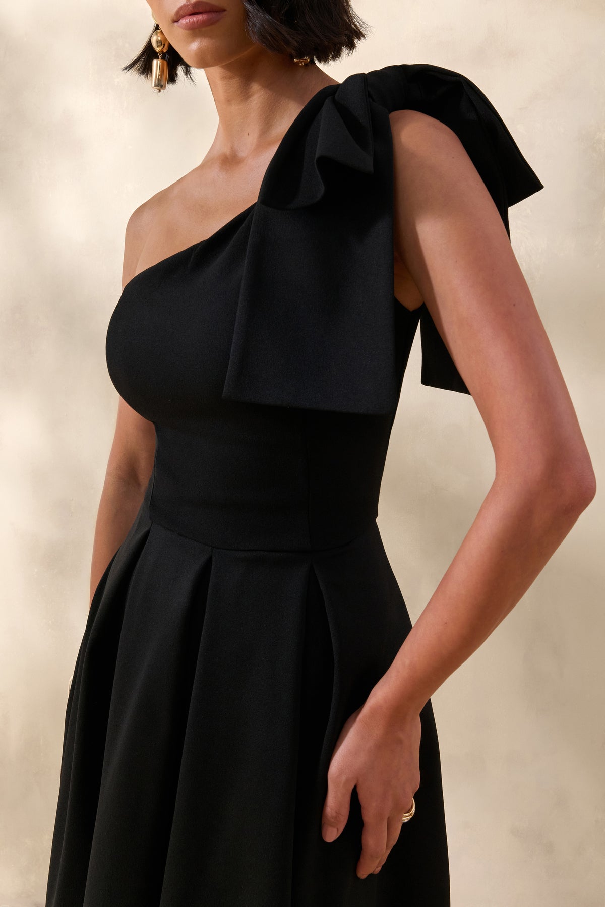 midi dress with bow Meria | Black Asymmetric-Neck Midi Dress With Bow-Sleeve