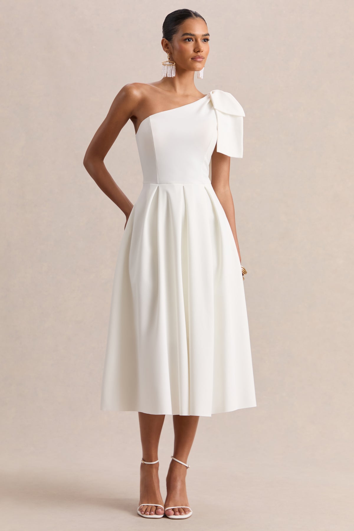white asymmetric midi dress Clarina White Asymmetric-Neck Midi Dress With Bow-Detail Club L London