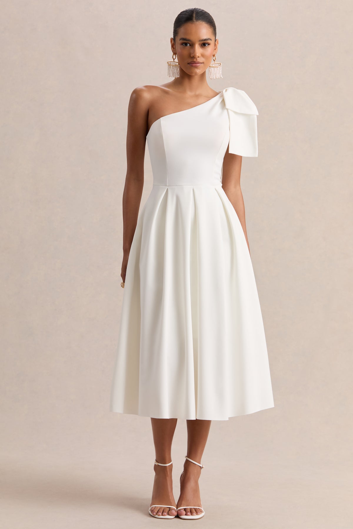 white crepe a line midi dress with bow straps Mac Duggal Bow-Strap V-Neck Crepe Fit & Flare Midi Dress