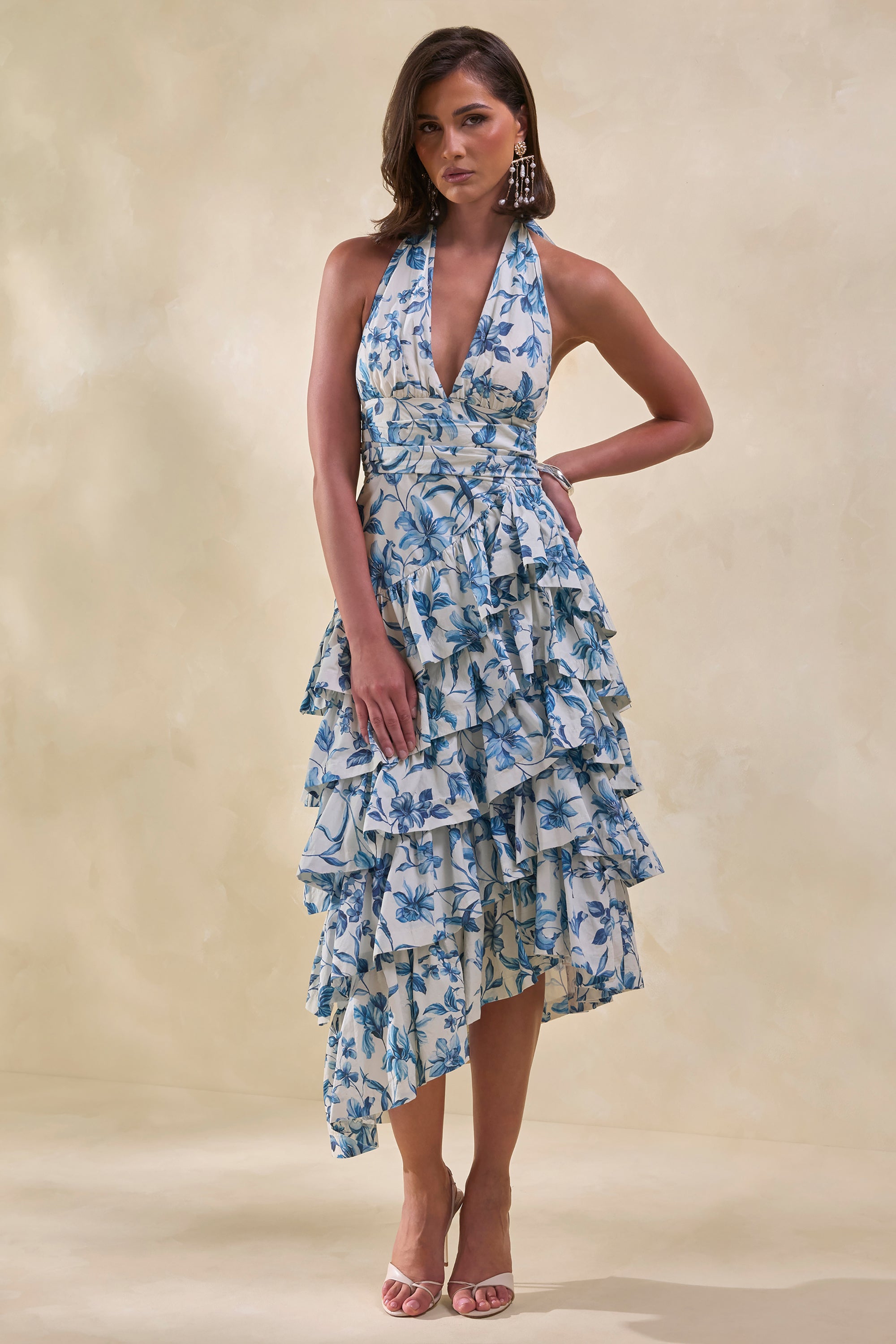 blue and white porcelain print dress Palace Blue And White Porcelain Print Dress, Stand-up Collar Single-breasted Dress, Elegant Temperament Long Dress