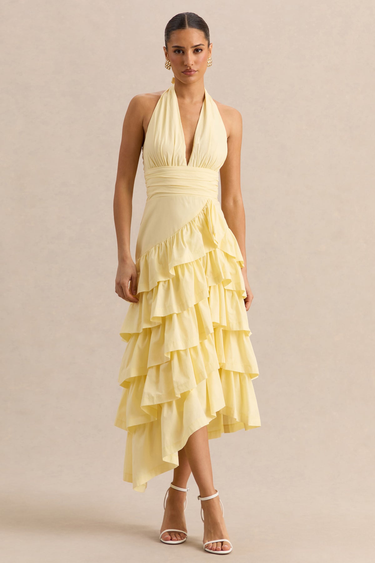 Velora Lemon Asymmetric Midi Dress With Tiered-Ruffled Skirt Club L London - USA Velora Lemon Asymmetric Midi Dress With Tiered-Ruffled Skirt Club L London - USA