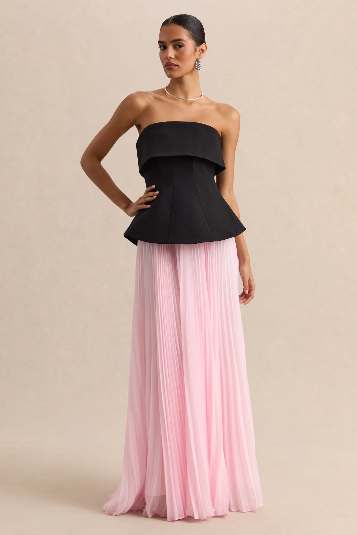 Stellara Black & Pink Bandeau Corset Maxi Dress With Sheer Skirt Club L London - USA Stellara Black & Pink Bandeau Corset Maxi Dress With Sheer Skirt Club L London - USA