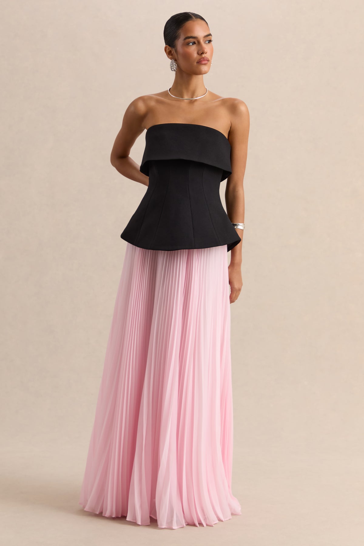 Stellara Black & Pink Bandeau Corset Maxi Dress With Sheer Skirt Club L London - USA Stellara Black & Pink Bandeau Corset Maxi Dress With Sheer Skirt Club L London - USA