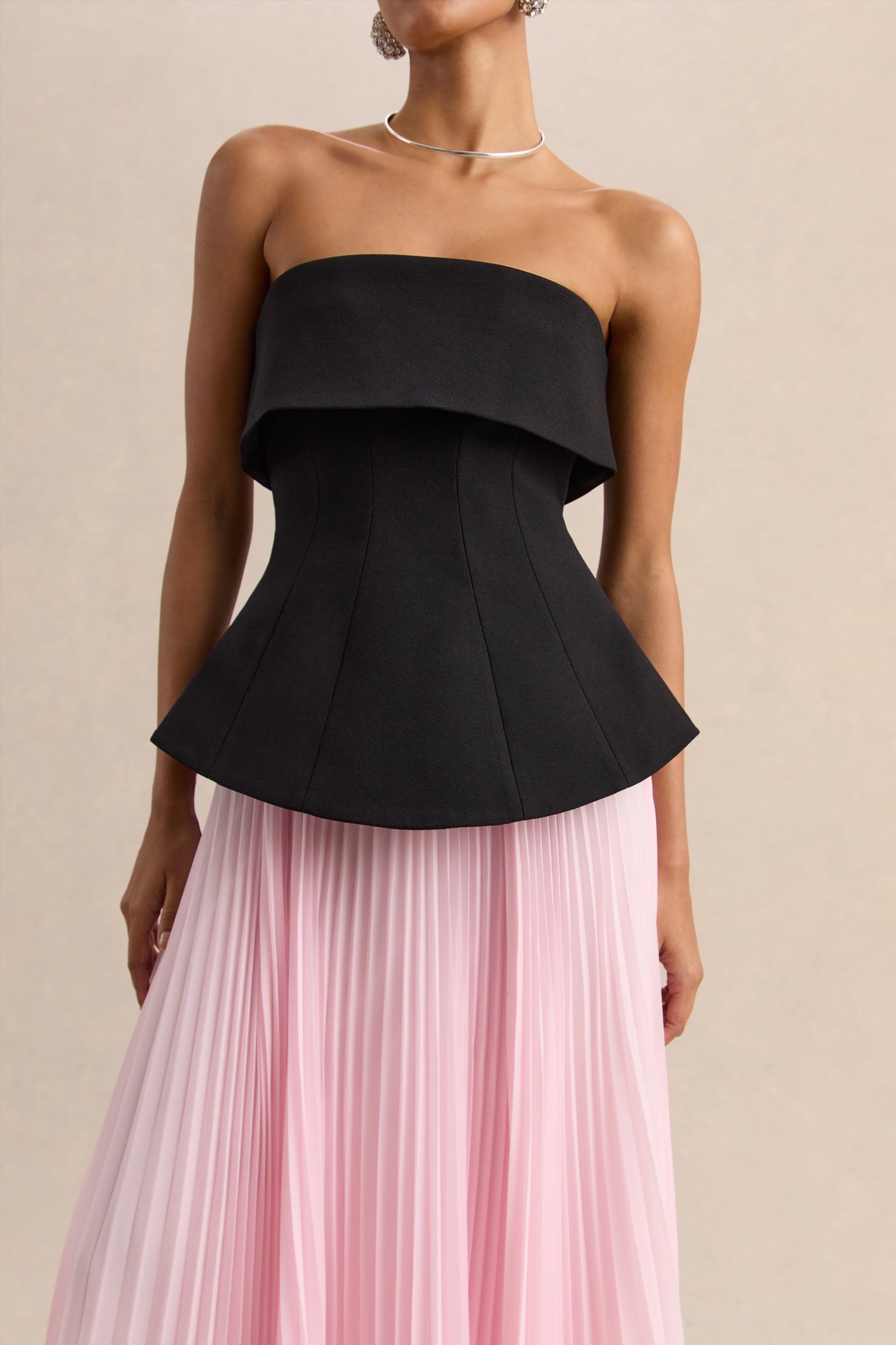 pink black corset dress Black corset dress on straps with a glossy pink midi skirt S / 4 / Black&Pink