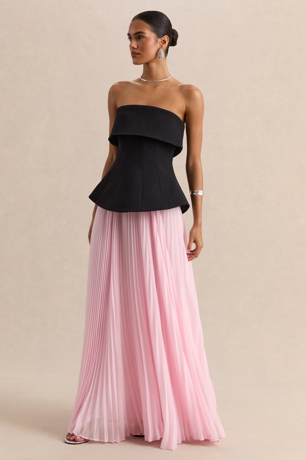 Stellara | Black & PINK Bandeau Corset Maxi Dress With Sheer Skirt - UK 14 Black AND PINK Stellara | Black & PINK Bandeau Corset Maxi Dress With Sheer Skirt - UK 14 Black AND PINK