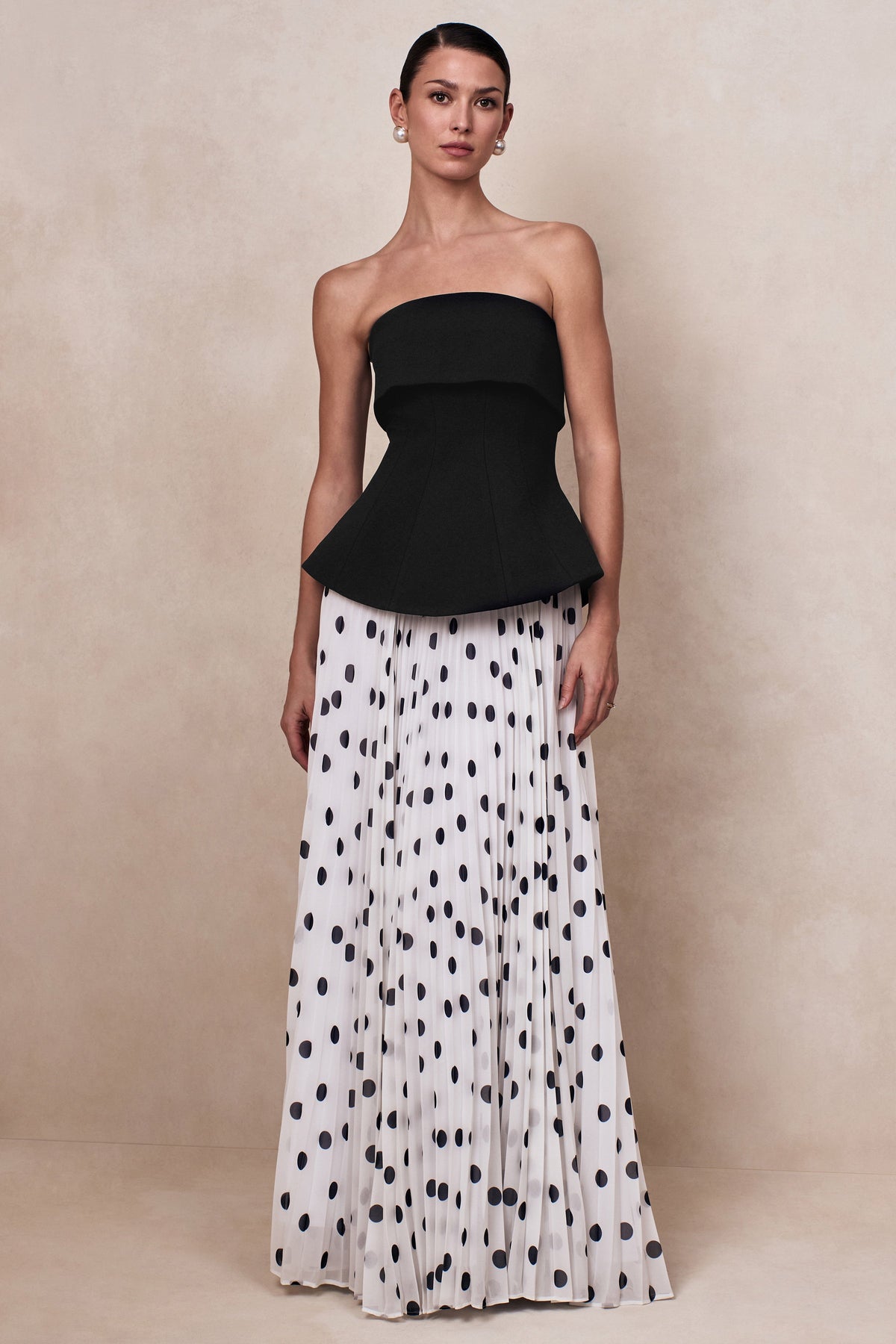 Stellara | Black & White Polka Dot Bandeau Corset Maxi Dress With Sheer Skirt Stellara | Black & White Polka Dot Bandeau Corset Maxi Dress With Sheer Skirt