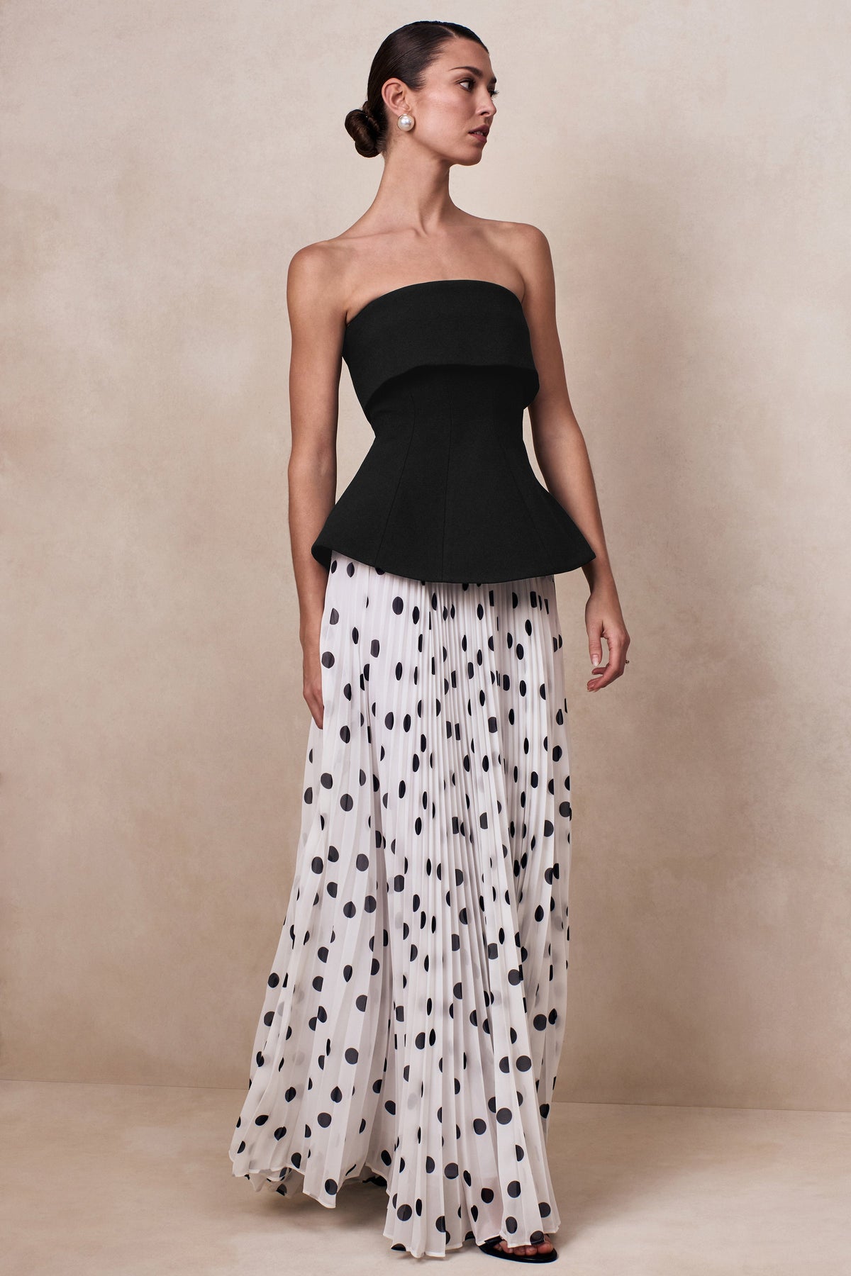 polka dot corset dress Stellara | Black & White Polka Dot Bandeau Corset Maxi Dress With Sheer Skirt