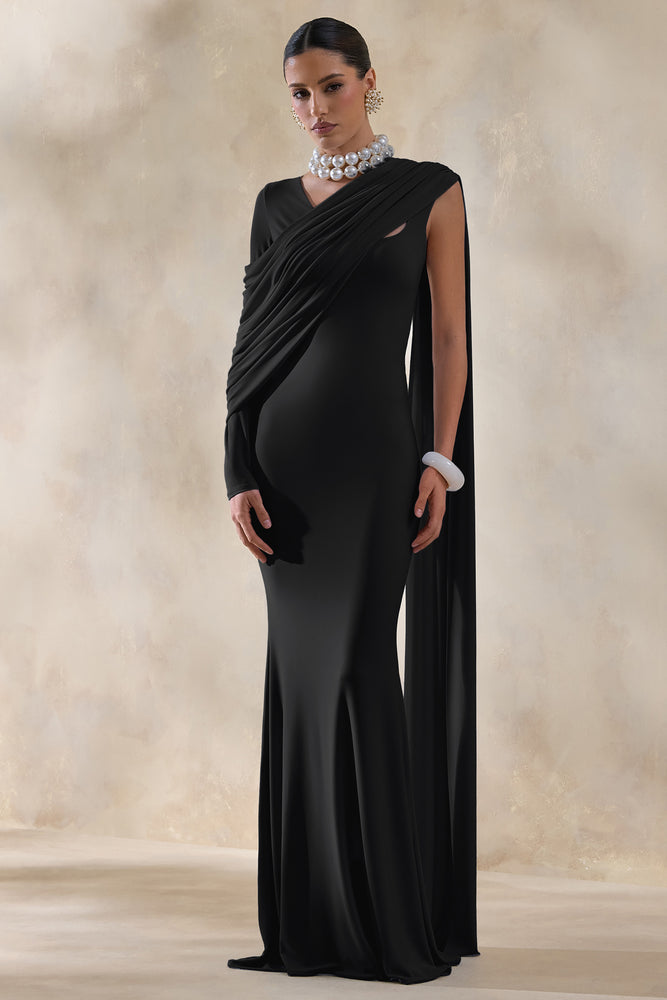 Rubelle | Black Asymmetric-Neck Maxi Dress With Draped-Detailing - UK 6 Black Rubelle | Black Asymmetric-Neck Maxi Dress With Draped-Detailing - UK 6 Black